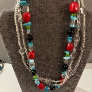 Statement Natural Gemstone and Glass Triple Strand Necklace LIKE NEW